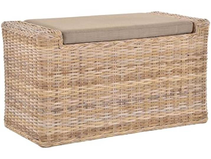 Wäschesortierer mit Sitzbank aus echtem Rattan/Wäschesammler mit 3 Fächern (Grau Natur)