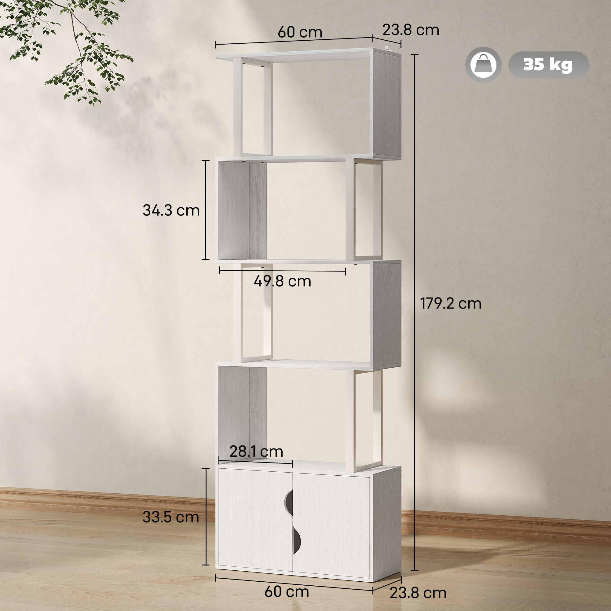 giordanoshop Libreria Moderna con 5 Ripiani 60x23.8x179,2 cm con Armadietto alla Base in Legno Bianco...