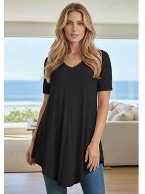 Plus Size Women's Plus Size Ultra Drape V-Neck Swing Tunic Top by Roaman's in Black (Size 42/44) Short Sleeve V-Neck Shirt