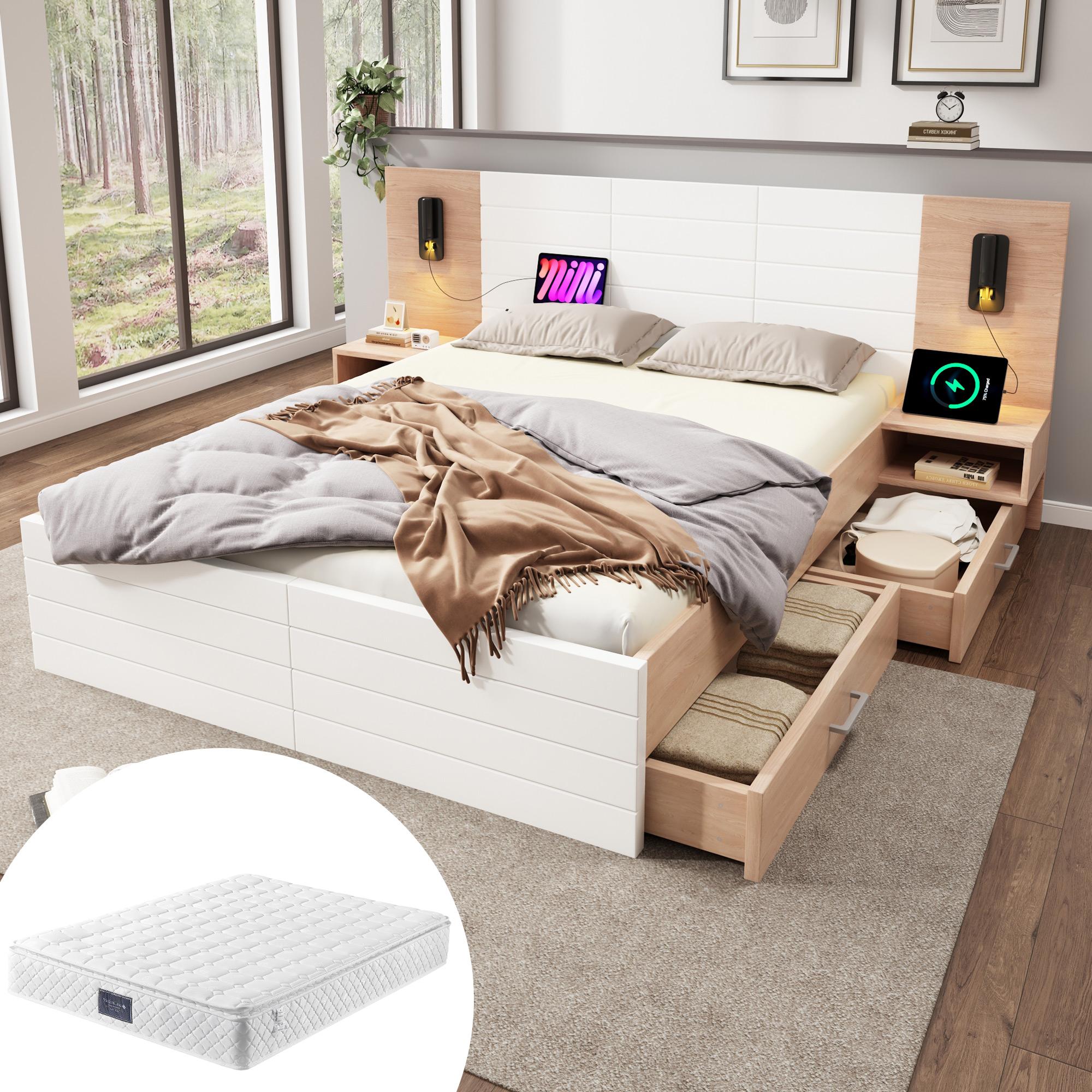 Doppelbett Holzbett 160×200cm mit 2 Schubladen ,Kopfteil Leselicht mit USB Ladefunktion ,Modernes Bett inkl.2 Nachtkommode