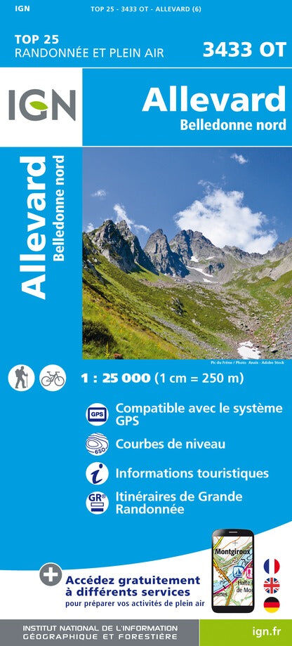 Carte de randonnée IGN TOP 25 n° 3433 OT - Allevard, Massif de Belledonne Nord (Alpes)