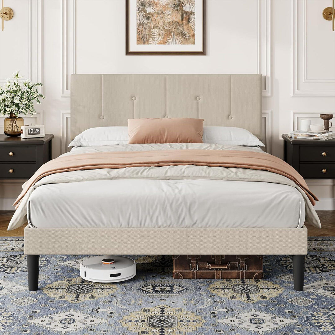 Lark Manor Bed Frame with Adjustable Linen Headboard, Solid Wooden Slats & Upholstered Platform, Easy Assembly Beige Double (4'6)