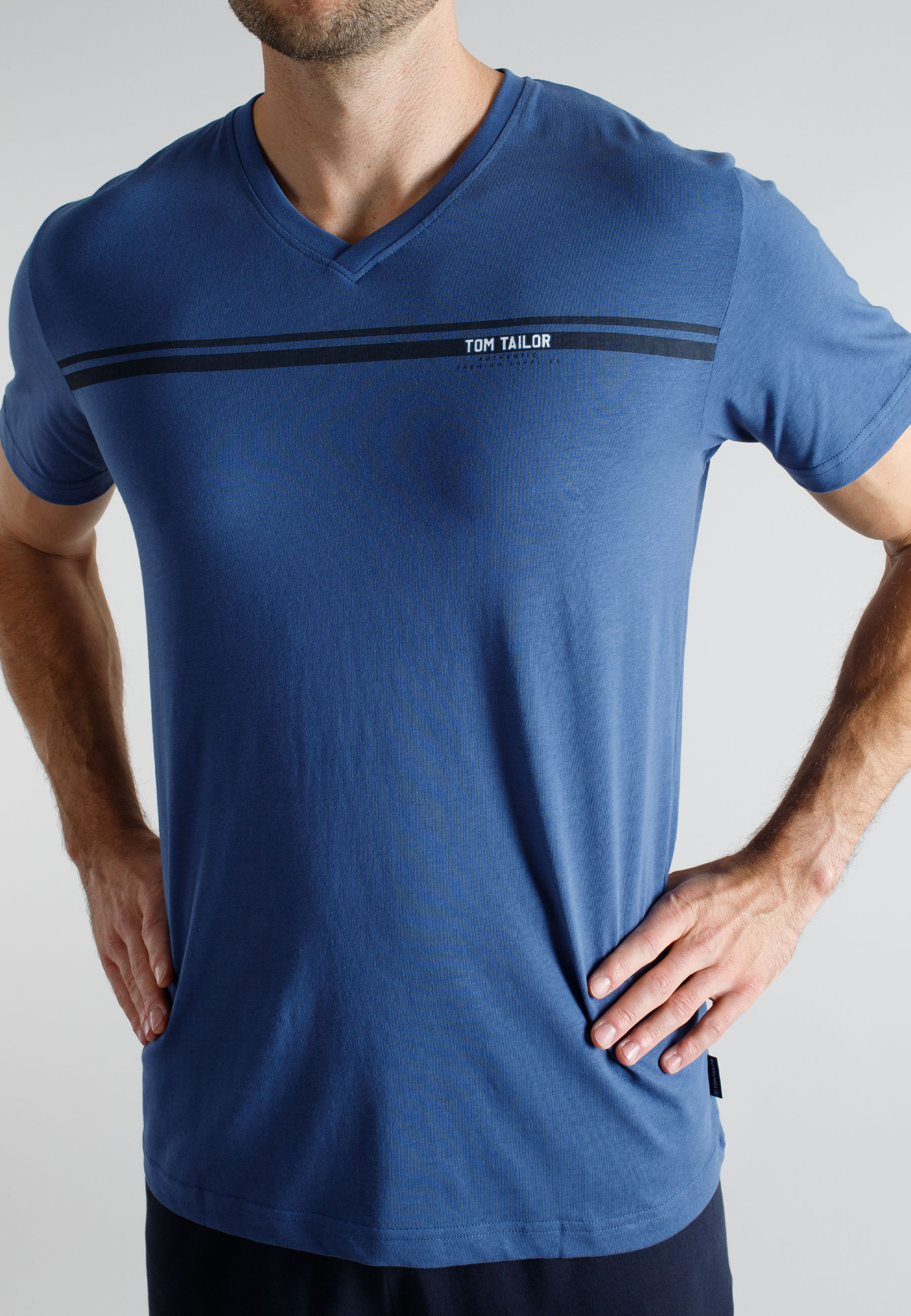 Shorty TOM TAILOR, Herren, Gr. 48, blau (blau, mittel, uni), Single Jersey, Obermaterial: 100% Baumwolle, Homewear-Sets Shorty, aus Baumwolle, Single Jersey, als Sleepwear blau, mittel, uni 48