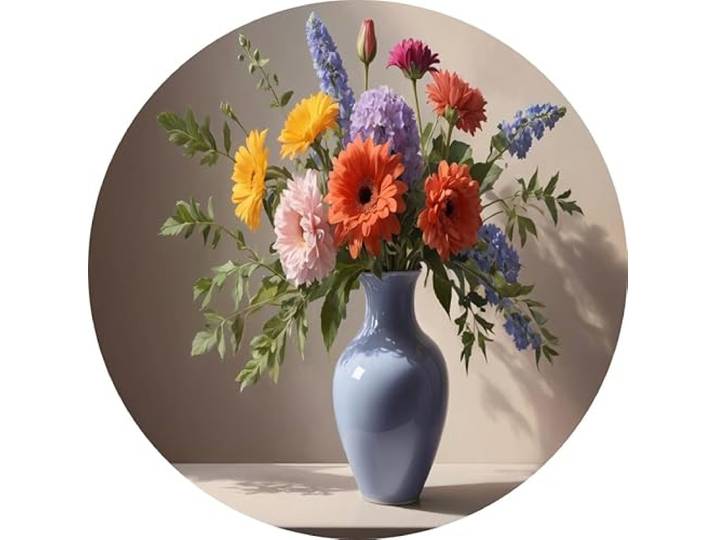 Vaas met bloemen muurcirkels, Bloemen schilderij, Wandpaneel Natuur, Wanddecoratie klassiek, Muurcirkel, Kantoor accessoires muurcirkel forex 70x70 cm