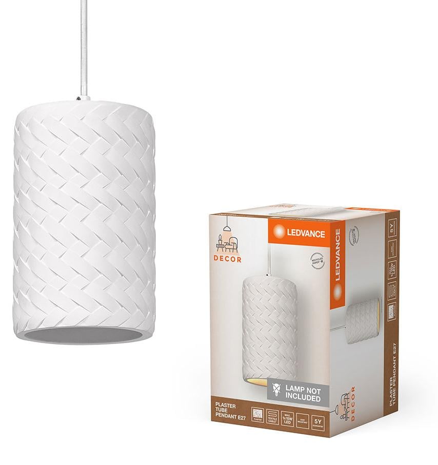 Ledvance Decor Plaster Tube Pendelarmatuur, witte cilindrische hanglamp, diameter: 14 cm, E27 fitting