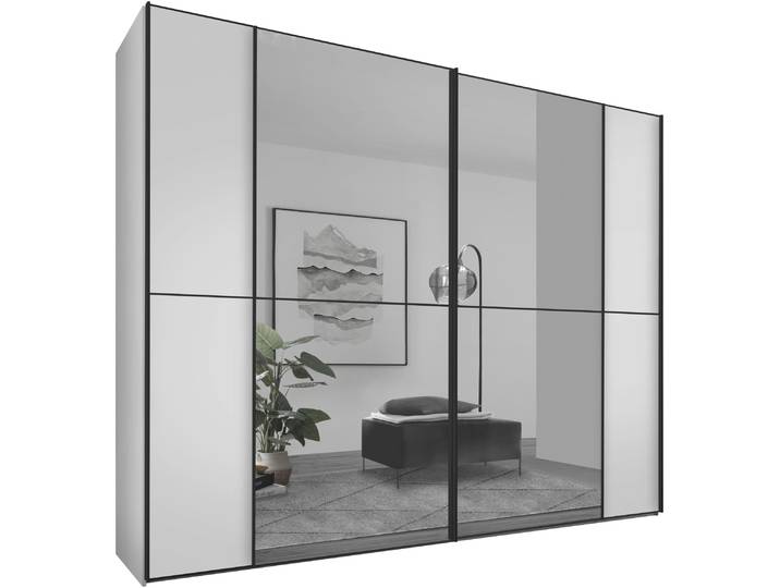 Schwebetürenschrank, Holzwerkstoff, Weiß, 249×240×68 cm, Mit Spiegel & Variablen Einlegeböden, Modern, Staud