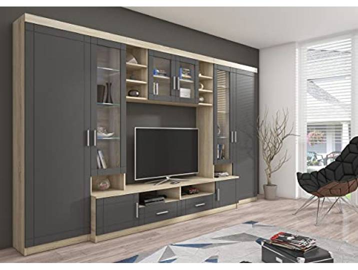 Wohnwand Paris Anbauwand Wohnkombi Wohnzimmer MDF Grau+ Sonoma Eiche matt