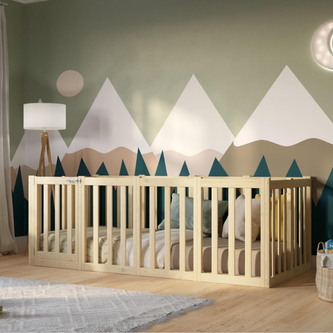 Crazy Pine Kinderbett 140x200 cm - Natürlichem Holz - Montessori Bodenbett mit Hohem Rausfallschutz 73cm und Öffnbarer Barriere - Crazy John