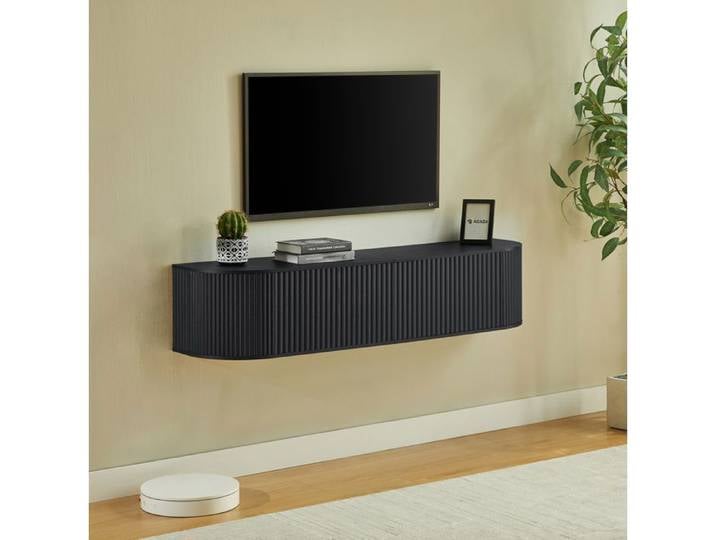WOVREO Meuble TV mural suspendu 140 cm noir passe-cbles rangement panneau de particules et MDF
