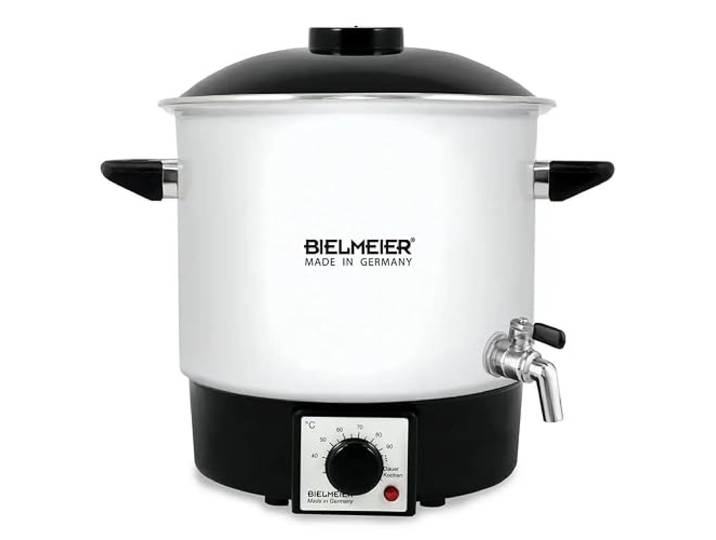 BIELMEIER Einkochautomat 9 L Emaille weiß, Einkochtopf elektrisch 1000 W mit 3/8 Zoll Edelstahl-Auslaufhahn, Weckautomat zum Einkochen und Einwecken, Glühweinkocher, Suppentopf, Made in Germany