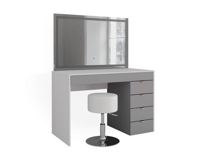 Vicco Schminktisch Elise, Weiß/Grau, 115 cm mit LED-Spiegel und Hocker, Weiß, Grau, 6 Fächer, Rechteckig,Rechteckig, 115x146.2x55 cm, Schlafzimmer, Schminktische