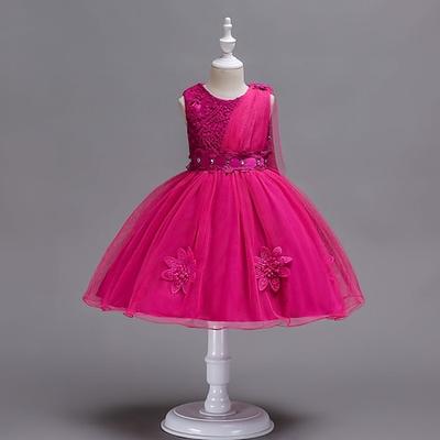 Blumenmädchenkleid Mädchen Formelle Kleidung Hochzeitskleidung Party Hochzeit Formell Mode Formell Schön Netz Blumen Ärmellos Rundhalsausschnitt Blau Weinrot Ab 4 Jahren