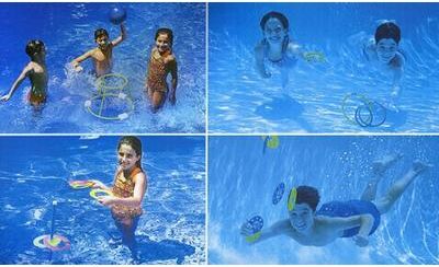 Swim Central 4-In-1 Fun Pack Swimming Pool Games - Basketball Ring Toss Dive Rings and UFOS