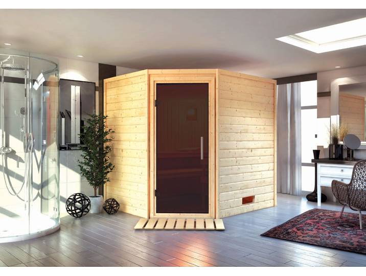 Woodfeeling Sauna Mia (Eckeinstieg), Ganzglastür, graphit, Ofen 9 kW externe Steuerung easy