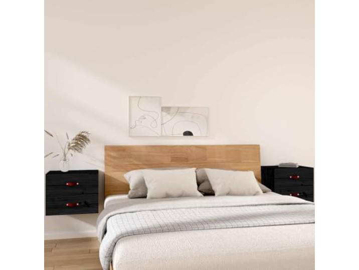HPUYRFG Wand-Nachttische 2 STK. Schwarz Massives Kiefernholz 50x36x40 cm Schwebend, platzsparend, natürliche Optik, stabile Ablagefläche, einfache Montage