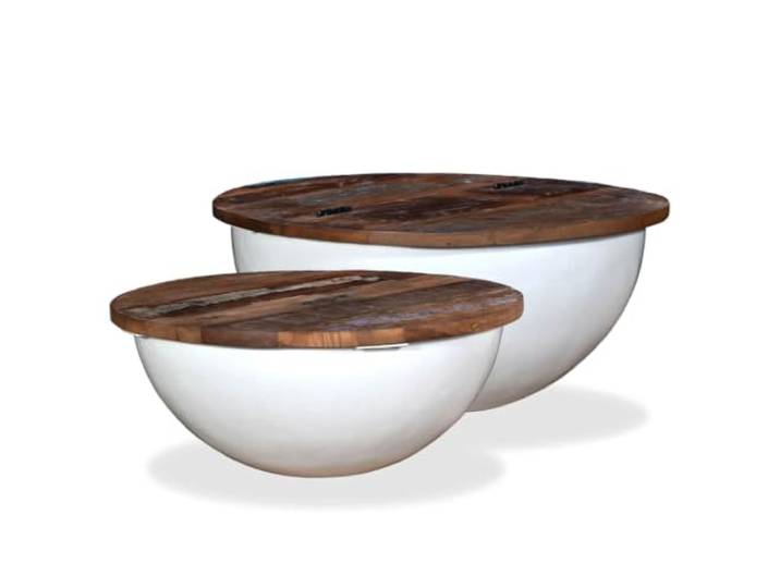 HEFZGDB 2-TLG. Couchtisch-Set Altholz Massiv Weiß Schalenform Industrie-Stil Design mit Staufach