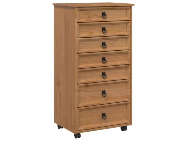 MNCVXAXG Schrank mit braunen Rädern, Kiefernholz, 5 Schubladen und 2 Fächer Massives Kiefernholz, schwarze Metallgriffe, flexible Räder, Montage erforderlich, Verwendung im Innenbereich