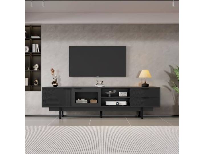 Fiednoy TV-Schrank Schwarz 200cm Mit Glastür Und 2 Schubladen Modernes Lowboard Für 80-Zoll-TV, Halboffene Fächer, 45kg, Wohnzimmer Fernsehschrank