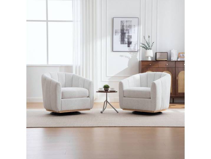 MEULVA Fauteuil baquet pivotant 360° en chenille ivoire base ronde en métal assise rembourrée