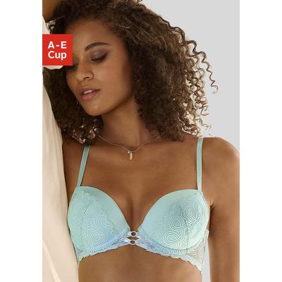 Push-up-BH LASCANA, Damen, Gr. 70, Cup A, blau (aquablau), Microtouch, Obermaterial: 60% Polyamid, 35% Polyester, 5% Elasthan, BHs Push-up-BH, mit sexy Bänderoptik vorn, Dessous