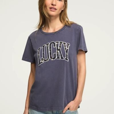 Lucky Brand Floral Applique Lucky Classic Crew in Night Shadow Blue, Size XS
