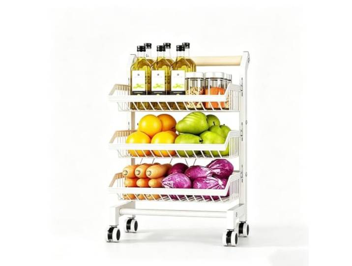 Dexinhdh Rollbarer Vorratswagen mit Ablagen für Snacks und Gemüse Verstellbares Metallregal für Snacks und Gemüse, Küchenorganizer für Obst und Gemüse(White,3-Tier)