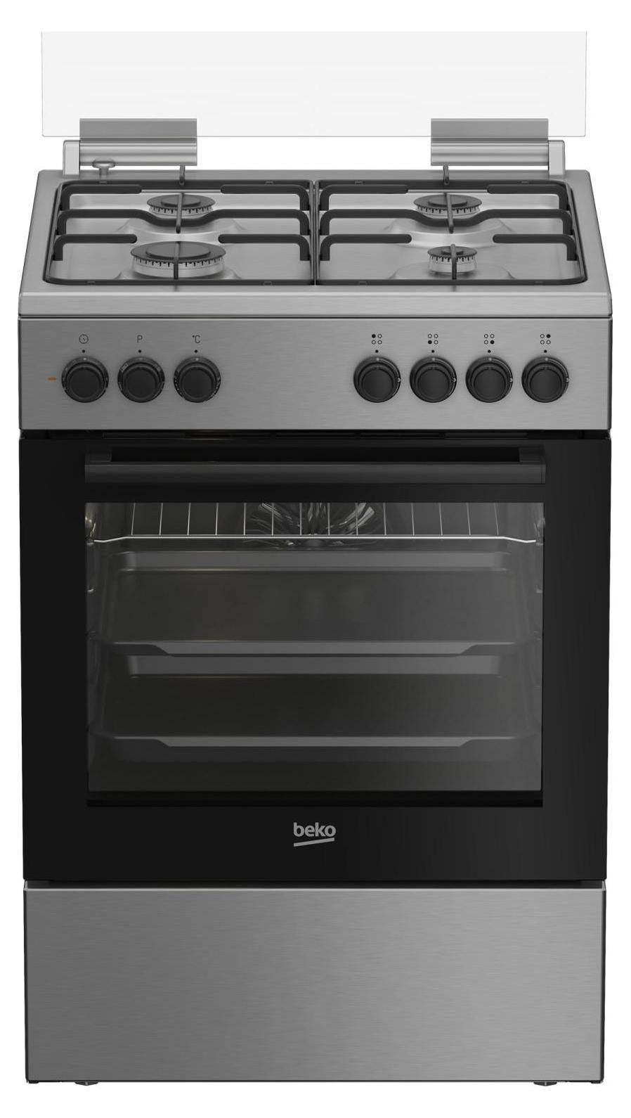 Beko FBE62120XD, Freistehender Herd, Edelstahl, Drehregler, Schwarz, Vorderseite, Emaille
