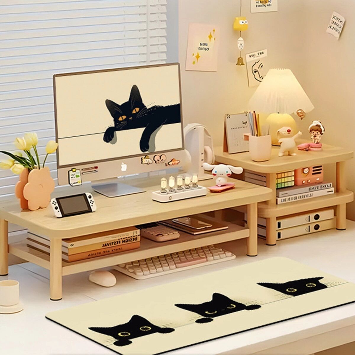 INF Großes Gummi-Mauspad 900x400x4 mm - Rutschfest mit gestickter Kante und Katzenmuster für Büro, Zuhause und Gaming