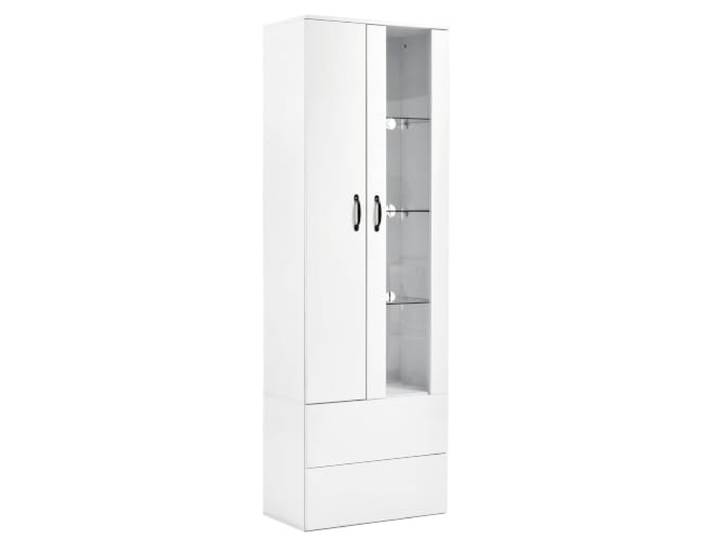 LED Vitrine 2 Türen Weiß, 59,5x35x182 cm mit 5 Böden & Schubladen 59,5 x 35 x 182 cm, Spanplatte mit Hochglanz-Finish, LED-Beleuchtung, Bluetooth-Steuerung, USB-versorgt, 5 Böden