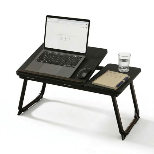 Relaxdays Laptoptafel voor bed en bank, opvouwbaar en in hoogte verstelbaar, zwart met houtlook en metalen onderstel