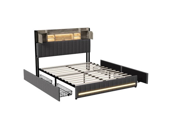 Polsterbett 140x190 cm, Grau, LED-Beleuchtung, Leinenbezug, Mode, 140x190 cm, Schlafzimmer, Betten, Polsterbetten