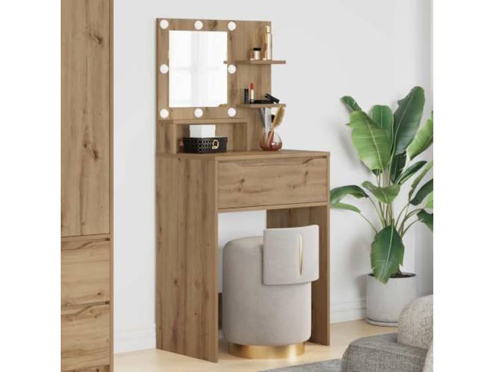Schminktisch für Schlafzimmer aus Holz mit LED-Spiegel Kugelgelagerte Regale und Schubladen, kabelloses Laden, Hollywood-Beleuchtung, Trockenreinigung