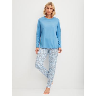 Schlafanzug CALIDA "Cotton Special", Damen, Gr. M (44/46), blau (riviera blau), Single Jersey, Obermaterial: 100% Baumwolle, gemustert, unifarben, bequem lang, Rundhals, gerader Abschluss, Homewear-Sets Schlafanzug, Langarm, bequem, Baumwolle,...
