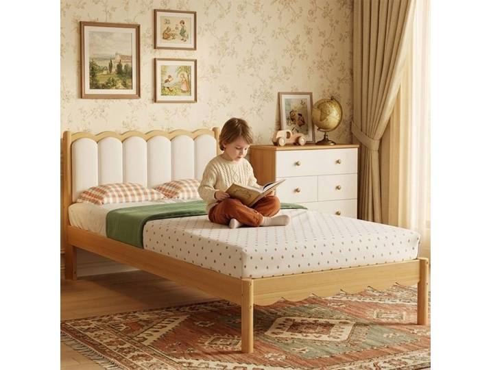 Bladez - Lit enfant 90x200 cm lit simple tête de lit ondulée en PU cadre bois massif pour garçons filles - Beige