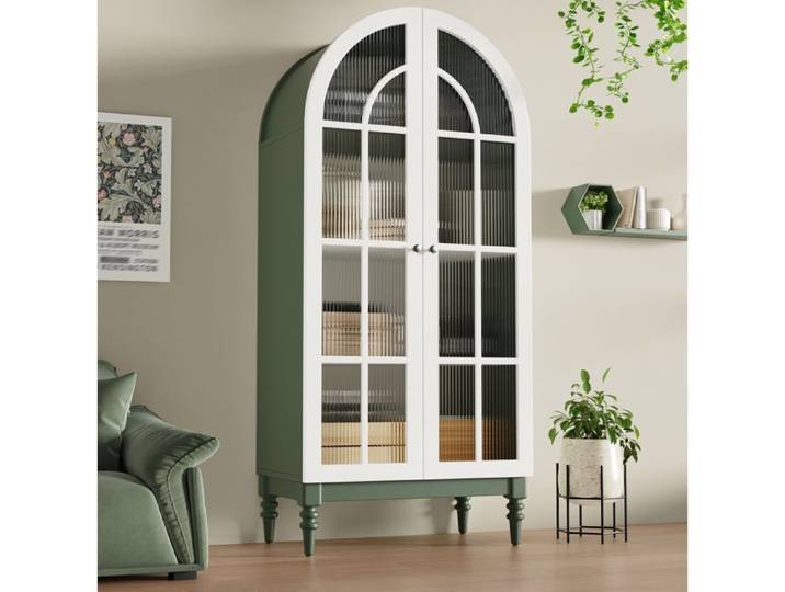 HOMVRA Armoire vitrine arche 76x38 5x165 cm double porte verre rainuré vert et blanc
