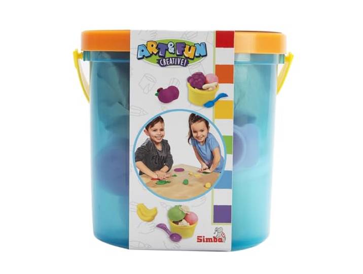 Simba Art und Fun Knetset Fruchteimer / 5x50g Knete / 5 Fruchtformen / 4 Ausstechformen / 16 Teile / 2 Becher / Für Kinder ab 3 Jahren