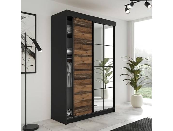 KIER FURNITURE Schiebegarderobe LAMARO mit Spiegel - Schrank Schlafzimmer - Schlafzimmerschrank - Wardrobe Bedroom - Kleiderschränke - Kleiderschrank - 138x205x59 - Schwarz & Old Style