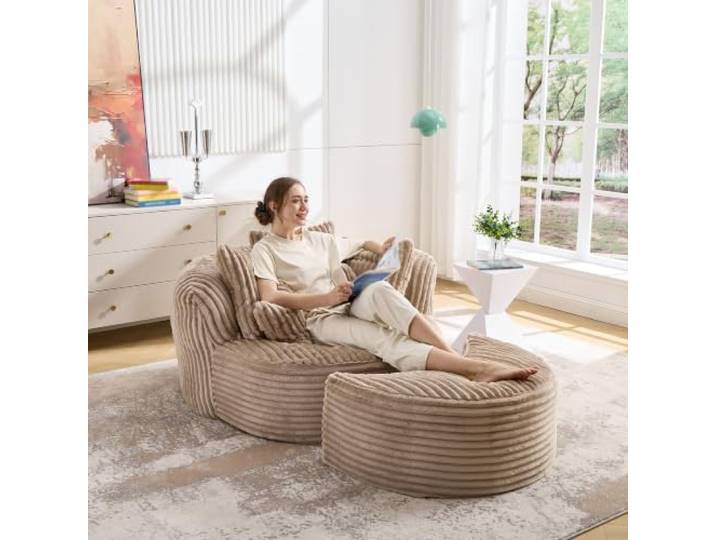 QQJIN Sofabett Ohne Beine mit Fußstuhl, Großes Runder Sitzbrett Großformatiger, Weicher Stoff und Kordelstoff-Sitzlehne für Wohnzimmer, Spielzimmer
