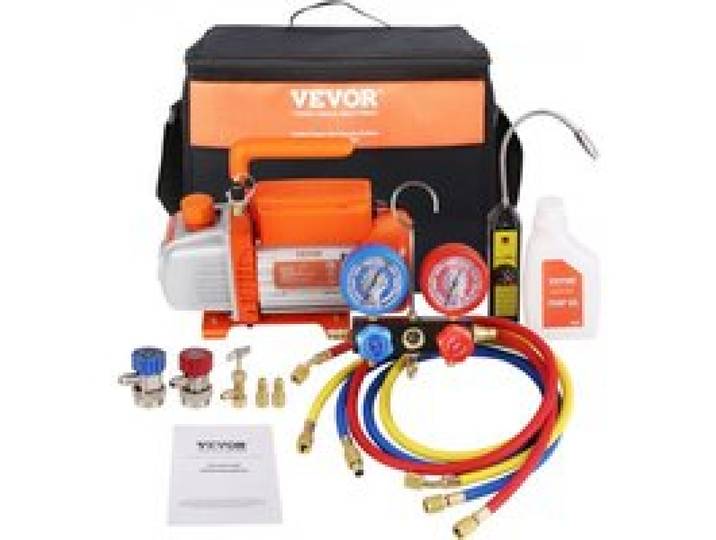 VEVOR Pompe à Vide Climatisation, 113 L/min, Pompe à Vide Frigoriste CVC 180 W avec Kit Jauges de Collecteur et Tuyau Tricolore, 1450 tr/min, Sac de Transport pour Climatiseur Automobile Réfrigération