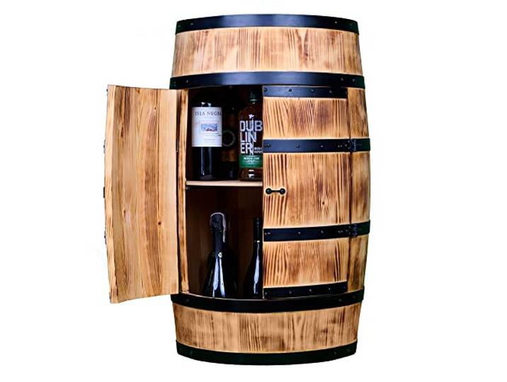 CREATIVE COOPER Weinfass Stehtisch mit Tür - Alkoholschrank Flaschenregal Holz - Holzfass - Fassmöbel - Nadelbaumholz - Wineregal - Weinbar - Fass bar mit Tür - Fassbar 80Cm (Sonnenverbranntes)