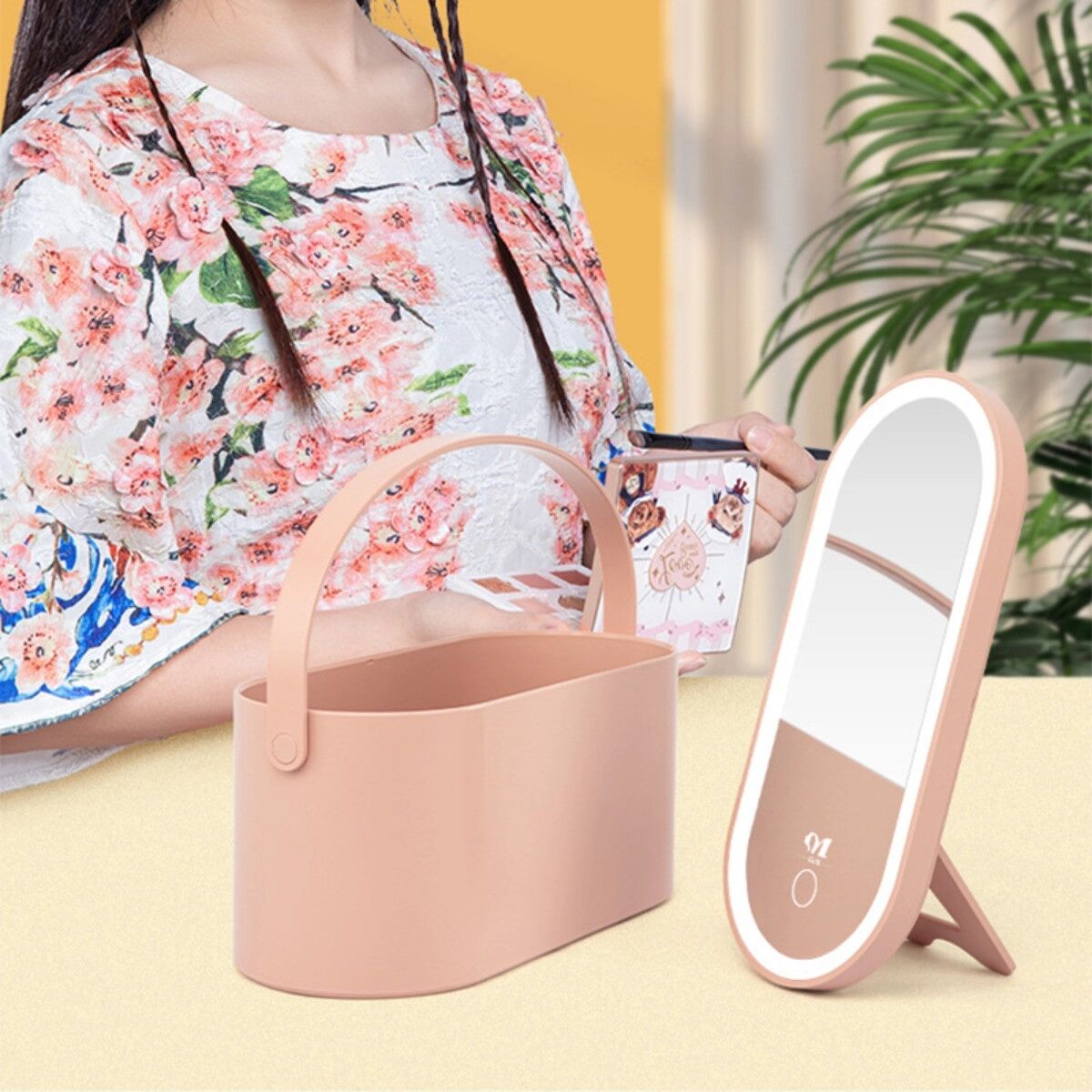INF Boîte à maquillage portable LED avec miroir argent HD, éclairage tactile réglable, grand organisateur, support rotatif, rose