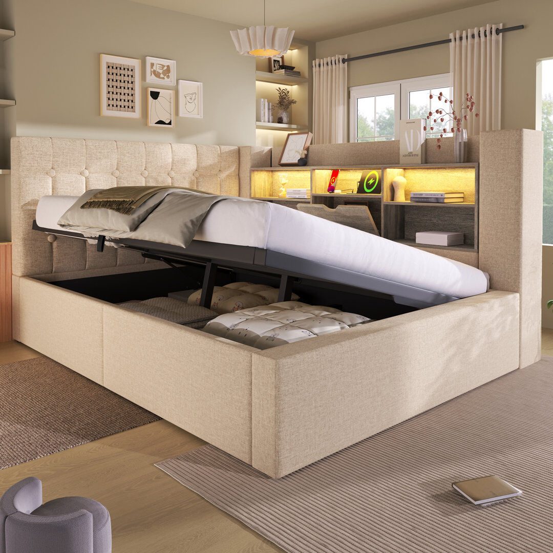 Brayden Studio Upholstered Linen Lift Up Storage Ottoman Bed Beige 4FT6
