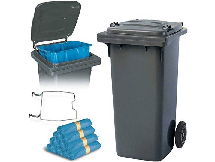 BRB 120 Liter Mülltonne mit Halter für Müllsäcke, inkl. 250 Müllsäcke (grau)