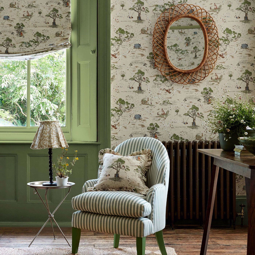 Sanderson Hundred Acre Wood Cashew 10.05m x 68.6cm Matte Wallpaper Roll Green;Cream 1,005cm L