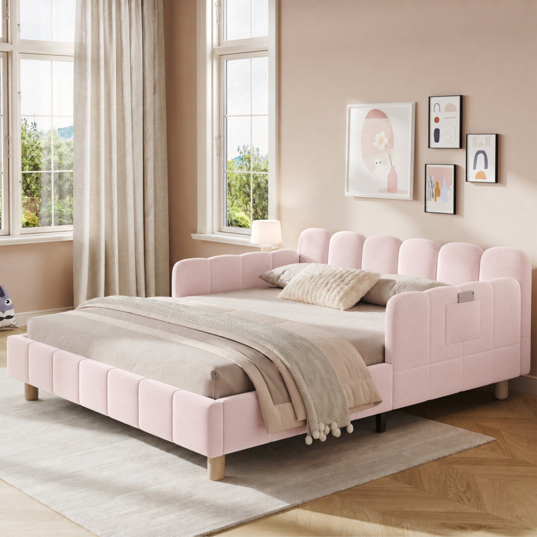 Canora Grey Velvet Bed Frame with Adjustable Side Panels & Storage Pockets Pink Double