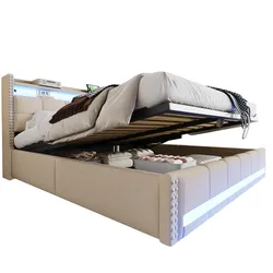 OKWISH Polsterbett 180x200 cm mit Stauraum, USB-Steckdose, LED-Beleuchtung und hydraulischem Speichersystem, stabile Konstruktion, Leinenbezug, modern Beige