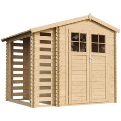 M386F+M386G HOLZHAUS GARTENHAUS mit Brennholzschuppen - Hochwertige abschließbare Tür mit imprägniertem Boden- 3,53 + 0,97 m2