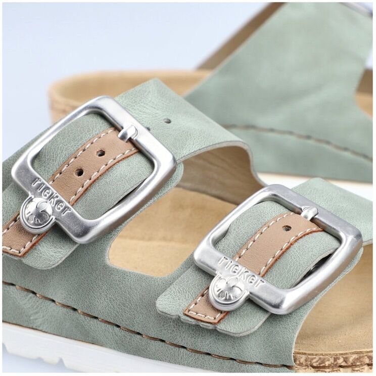 Pantolette RIEKER, Damen, Gr. 36, Synthetik, grün (mint, kombiniert), Lederimitat, Schuhe Pantolette, Sommerschuh, Schlappen mit verstellbaren Schnallen mint, kombiniert 36, Synthetik