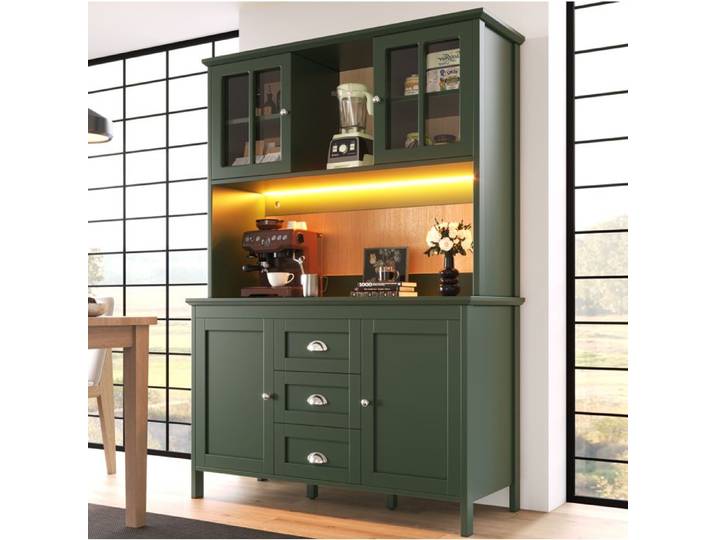 Buffet de cuisine colonne de cuisine 120 x 40 x 179 cm avec LED portes vitrées 3 tiroirs vert VEVXYN