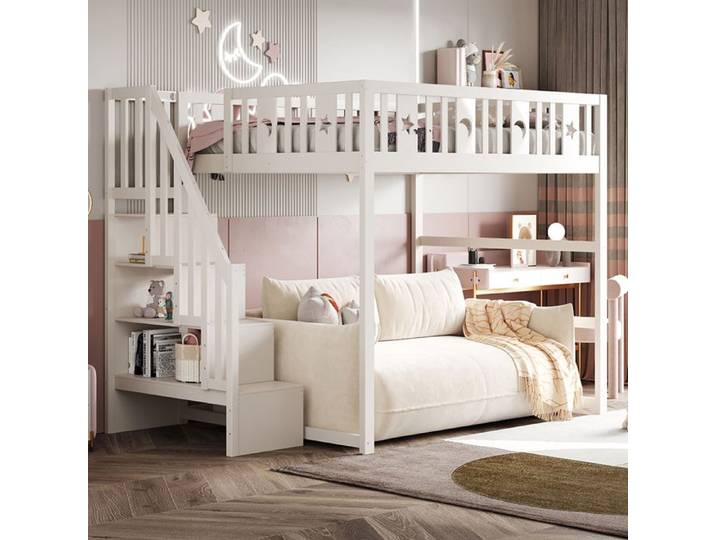 Lit mezzanine enfant 140x200 cm bois massif barrière sécurité échelle décoration étoiles lune blanc